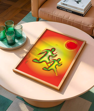 Abstract colorful figures under a vibrant sun with warm tones