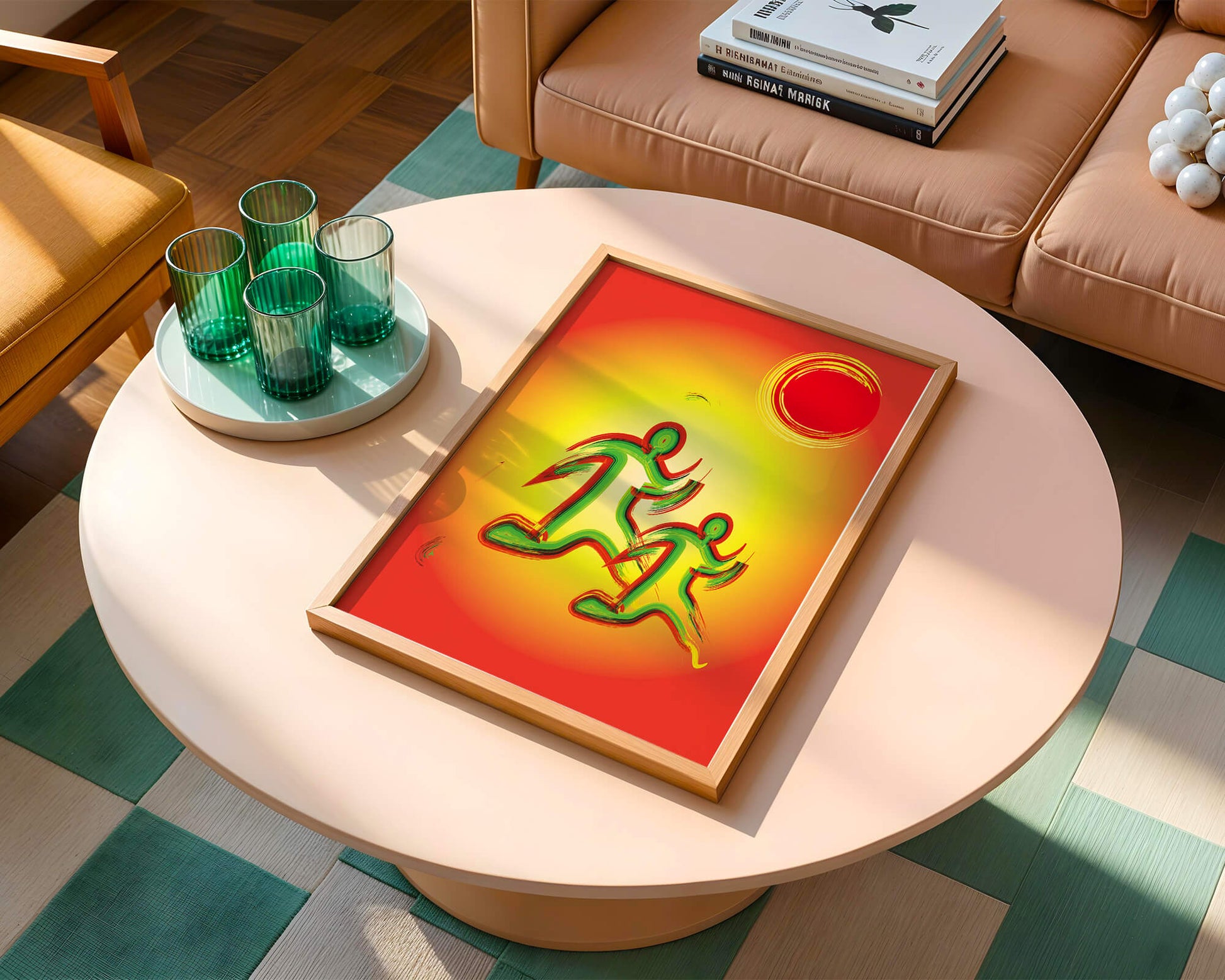 Abstract colorful figures under a vibrant sun with warm tones