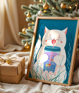 Playful cat with a fish tank tumbler in the underwater scene illustration