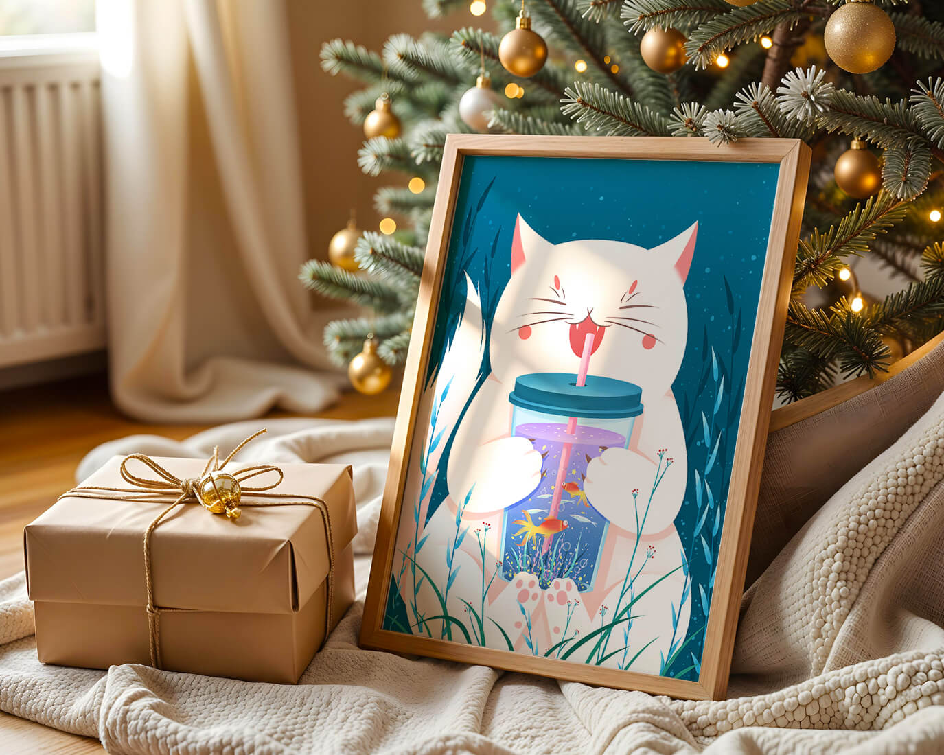 Playful cat with a fish tank tumbler in the underwater scene illustration