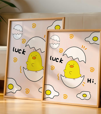 Chick hatching from an egg with cheerful expressions and fried egg motifs