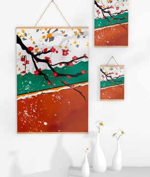 Artistic depiction of blossom branches with gold elements and abstract background