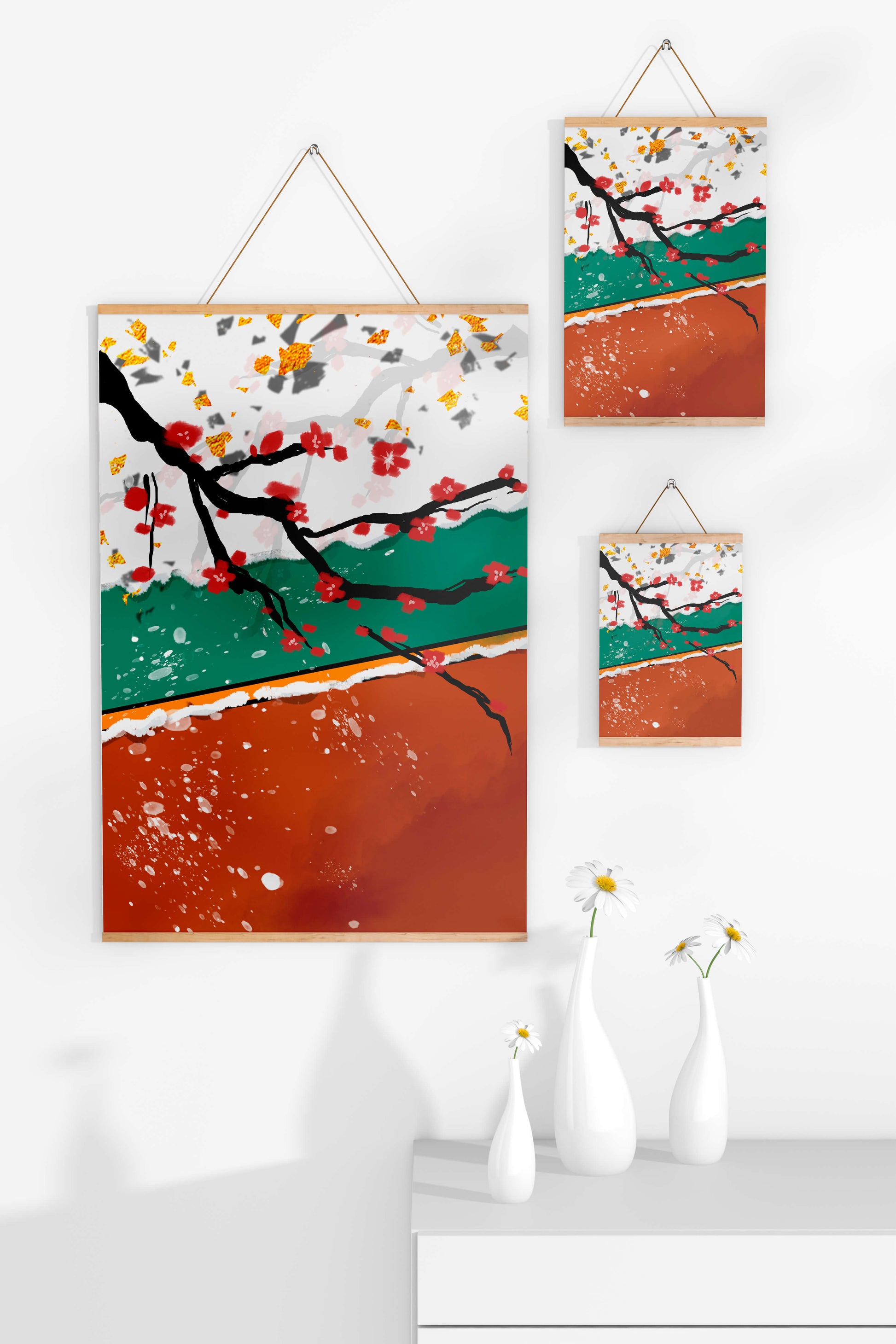 Artistic depiction of blossom branches with gold elements and abstract background