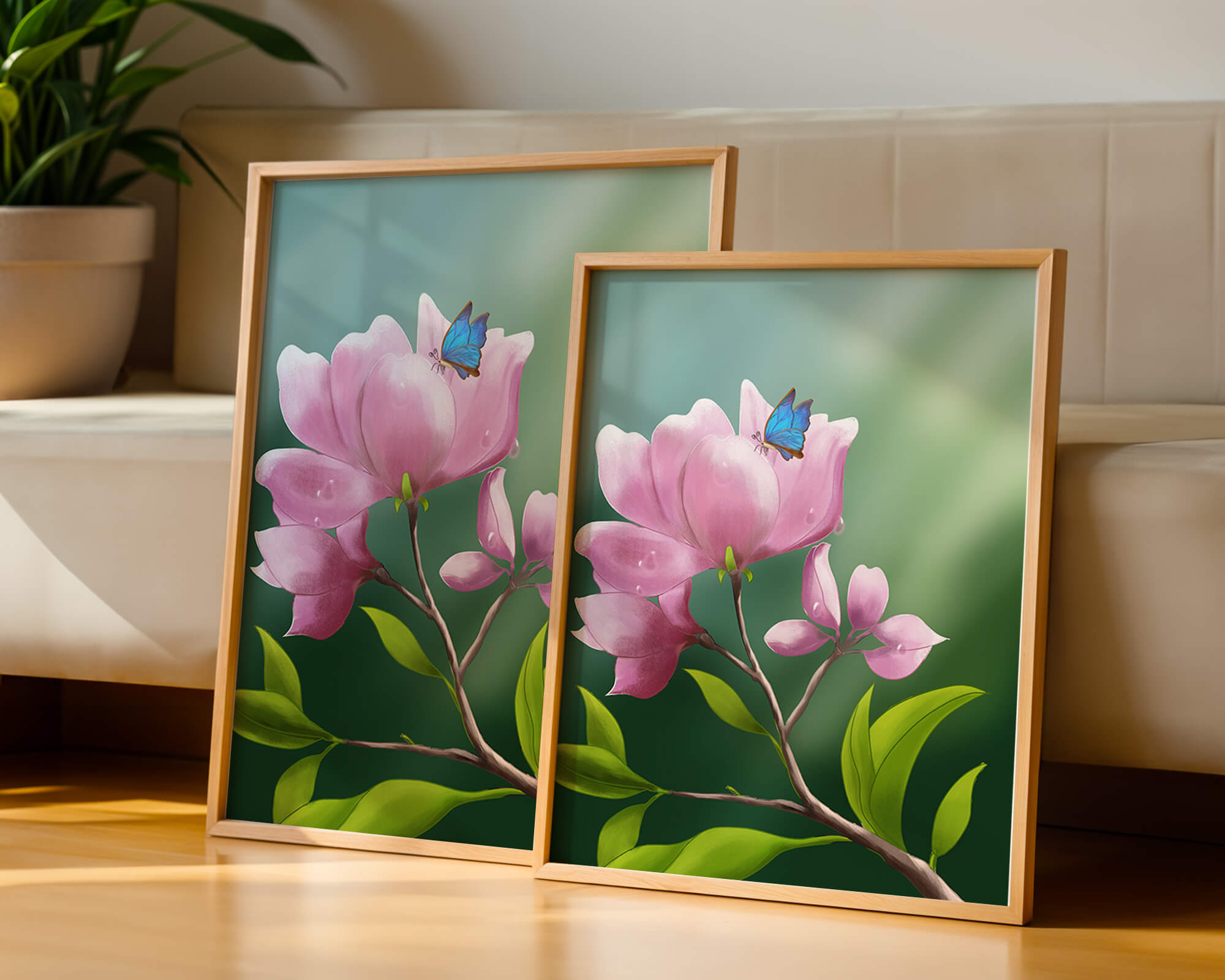 Delicate pink flower with a vibrant blue butterfly in a serene garden setting