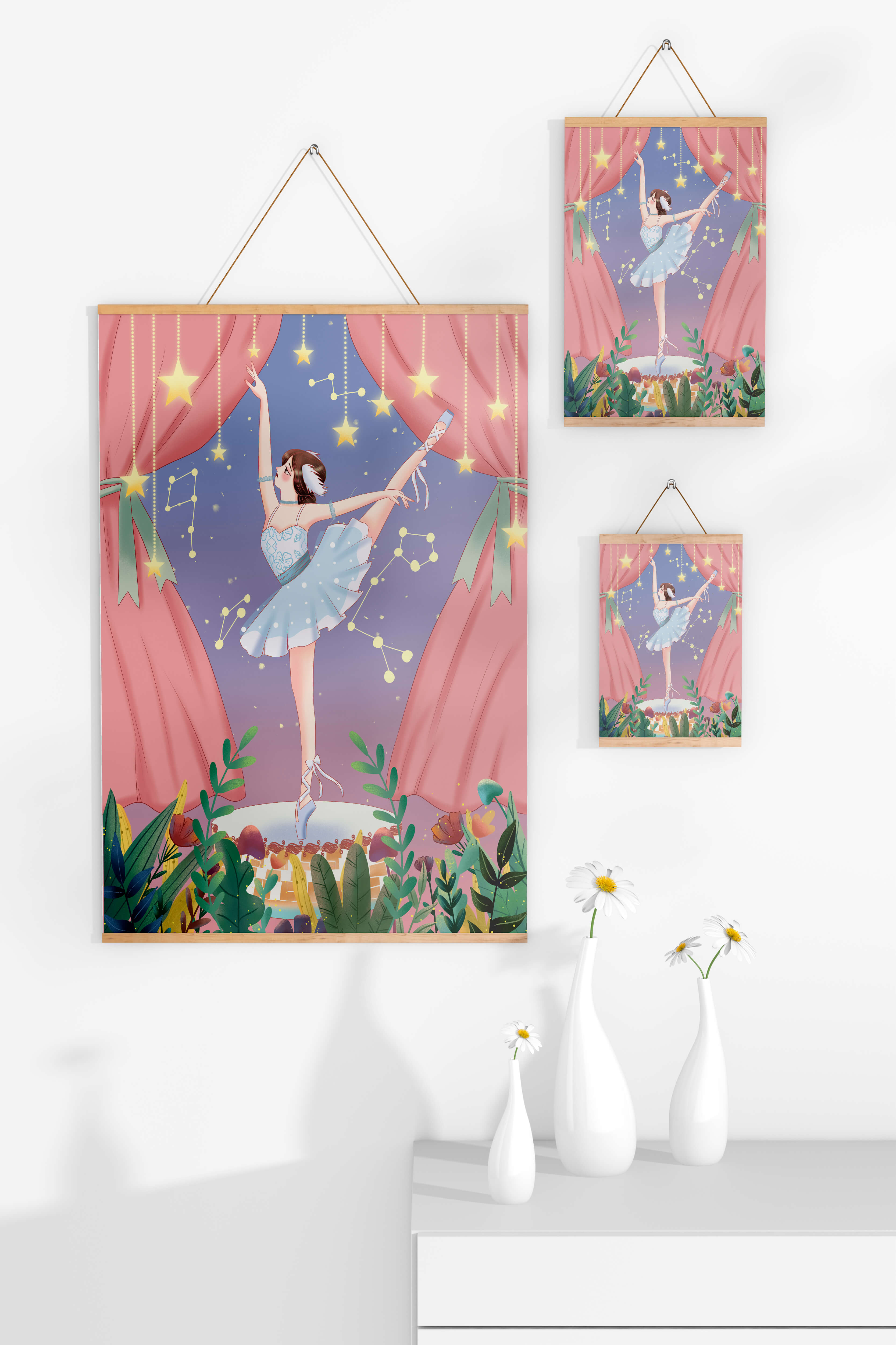 Graceful ballerina performing under starry sky on stage