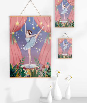 Graceful ballerina performing under starry sky on stage