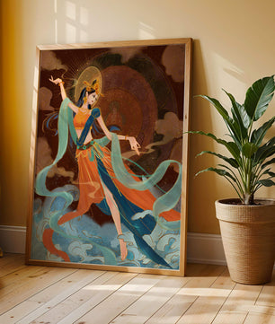 Elegant depiction of an ethereal dancer in vibrant traditional attire
