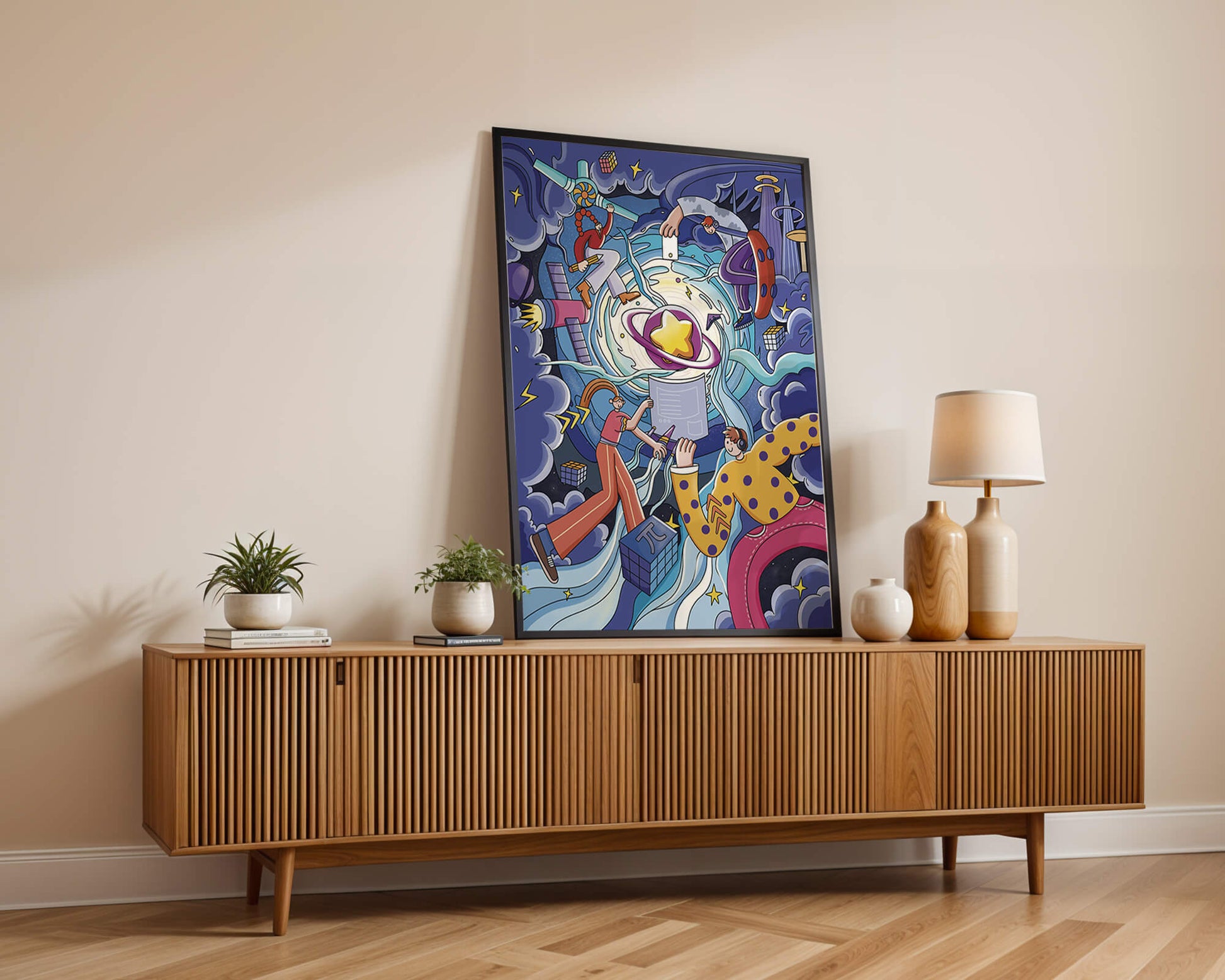 Colorful Cosmic Exploration with Animated Characters and Geometric Shapes