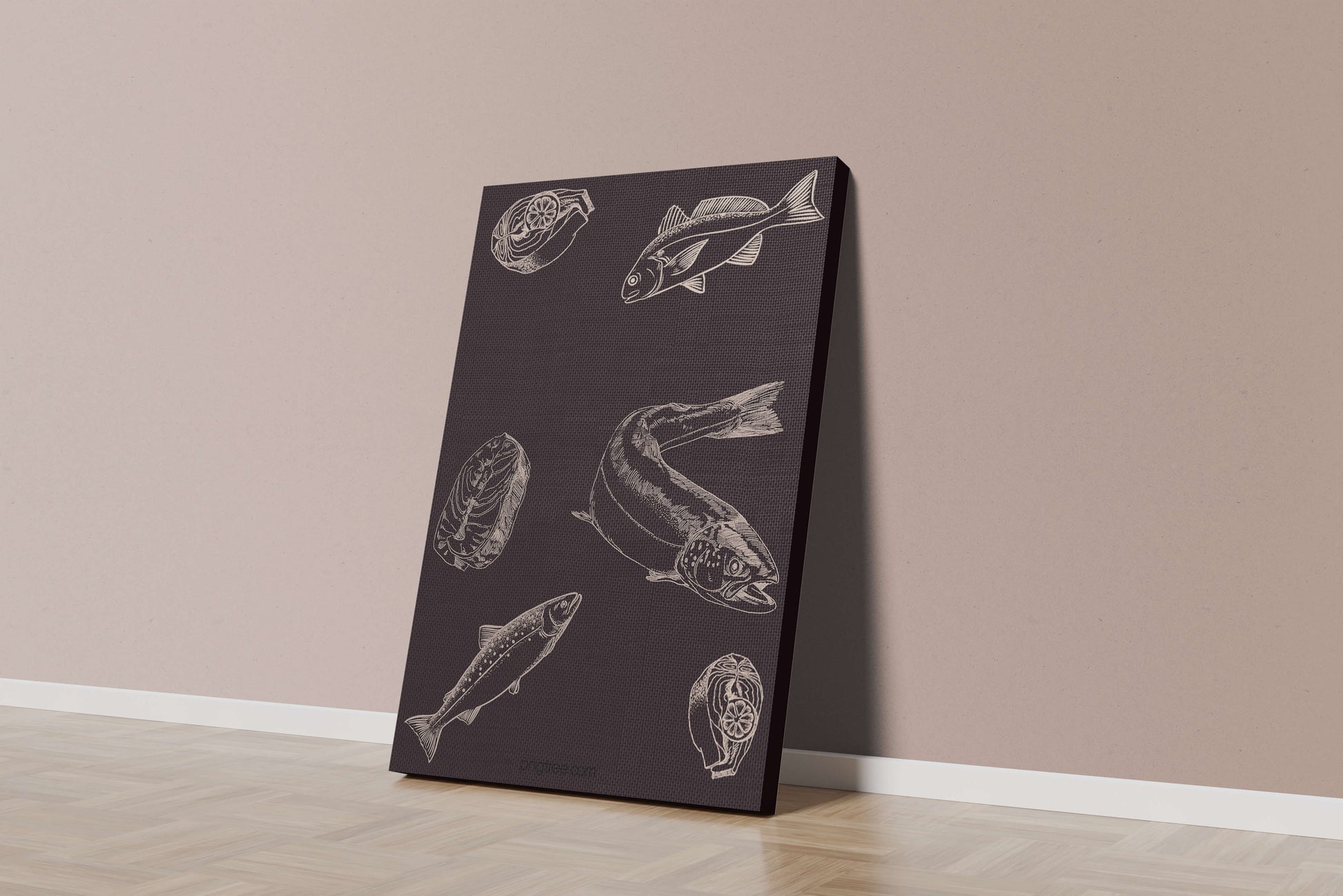 Detailed illustration of fish and seafood elements on dark background