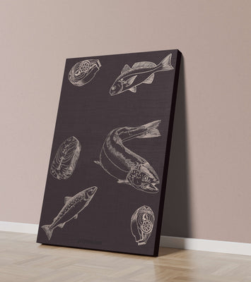 Detailed illustration of fish and seafood elements on dark background