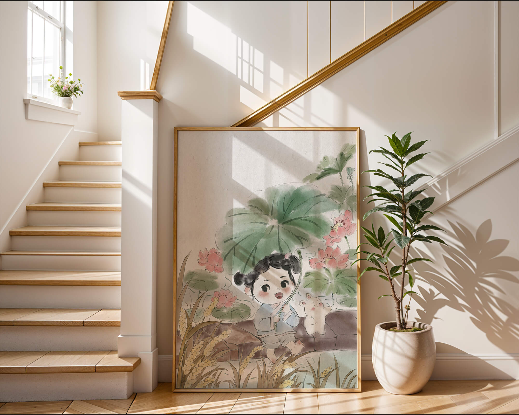 Charming illustration of a child with flowers and a bunny by the water