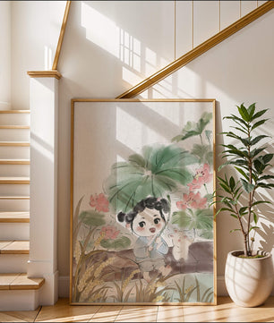 Charming illustration of a child with flowers and a bunny by the water
