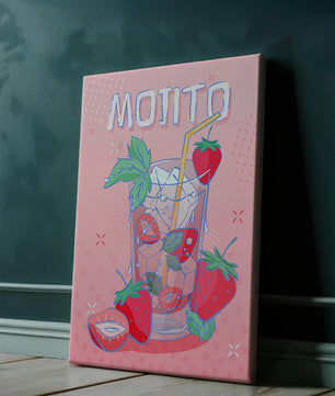 Ilustración de un mojito de fresa con fondo rosa vibrante y diseño juguetón