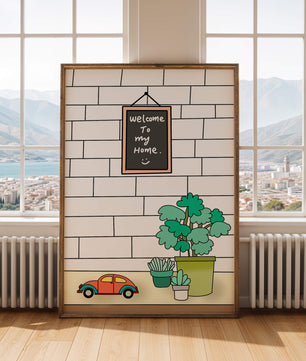 Kreidetafel-Schild mit Topfpflanzen und Spielzeugauto auf Ziegelmauer-Hintergrund