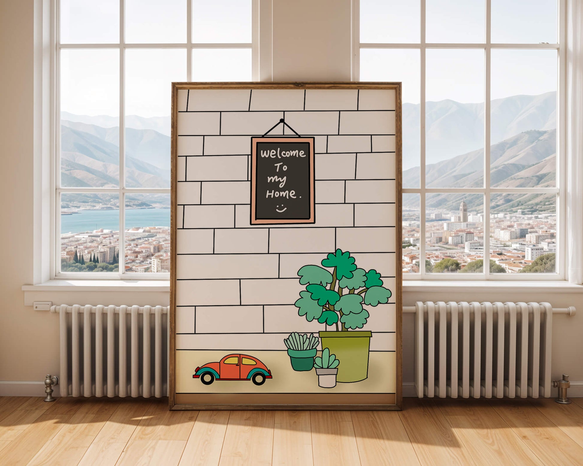Kreidetafel-Schild mit Topfpflanzen und Spielzeugauto auf Ziegelmauer-Hintergrund