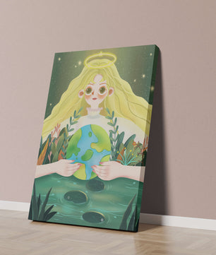 Illustration de la nature paisible avec une figure céleste tenant la Terre