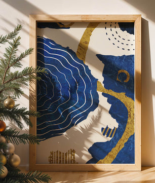 Abstract blue and gold textured artwork with wave patterns