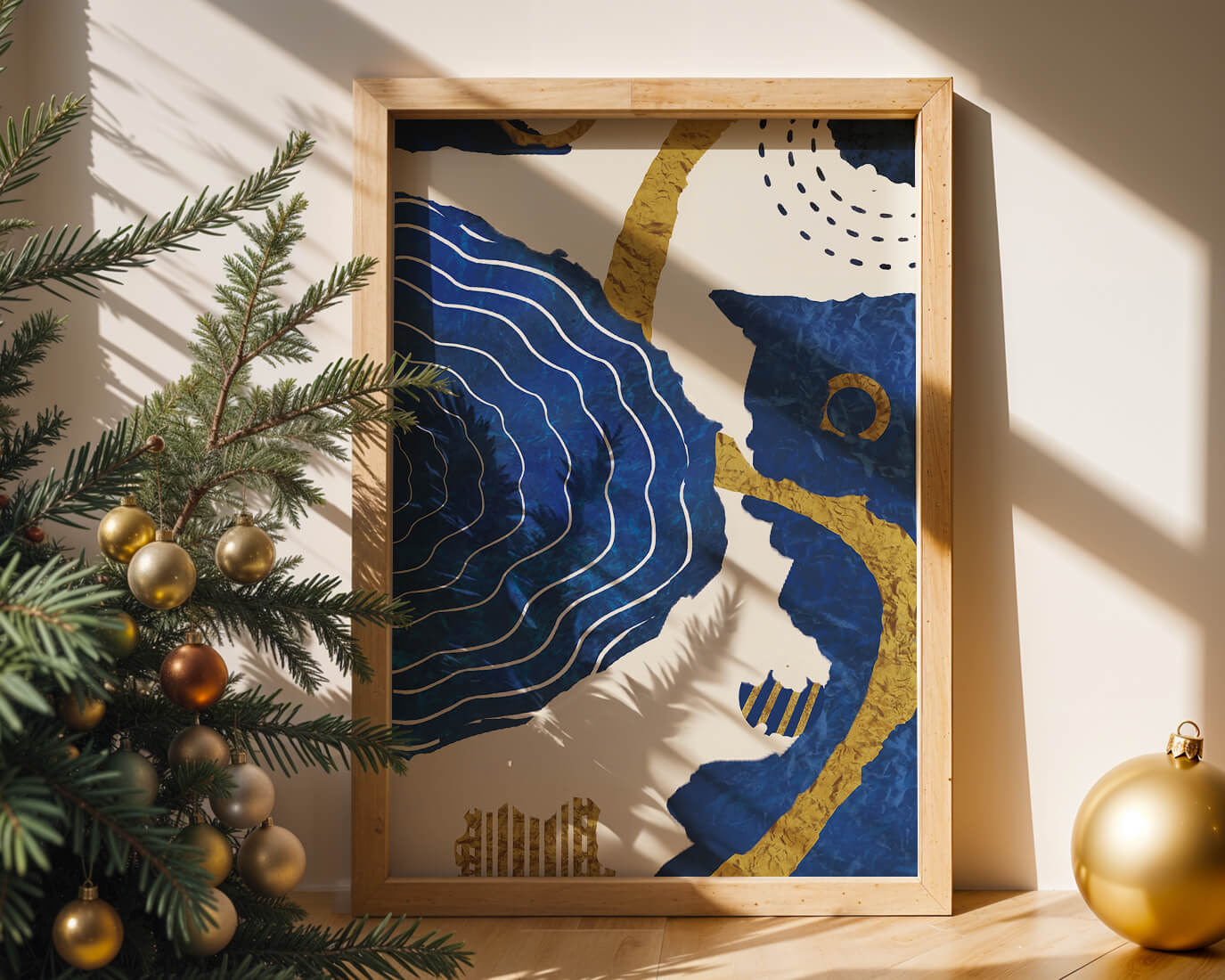 Abstract blue and gold textured artwork with wave patterns