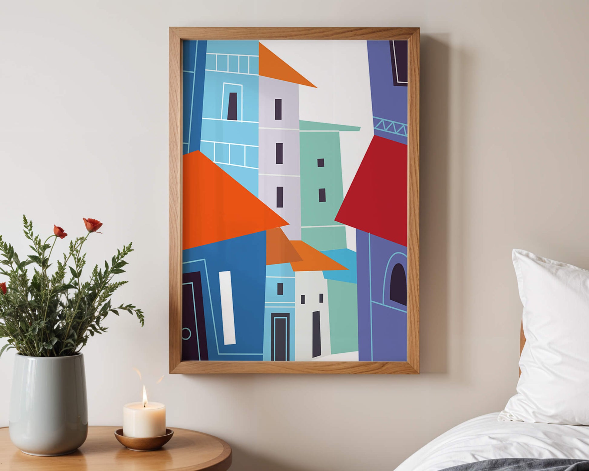 Colorful abstract cityscape with geometric buildings