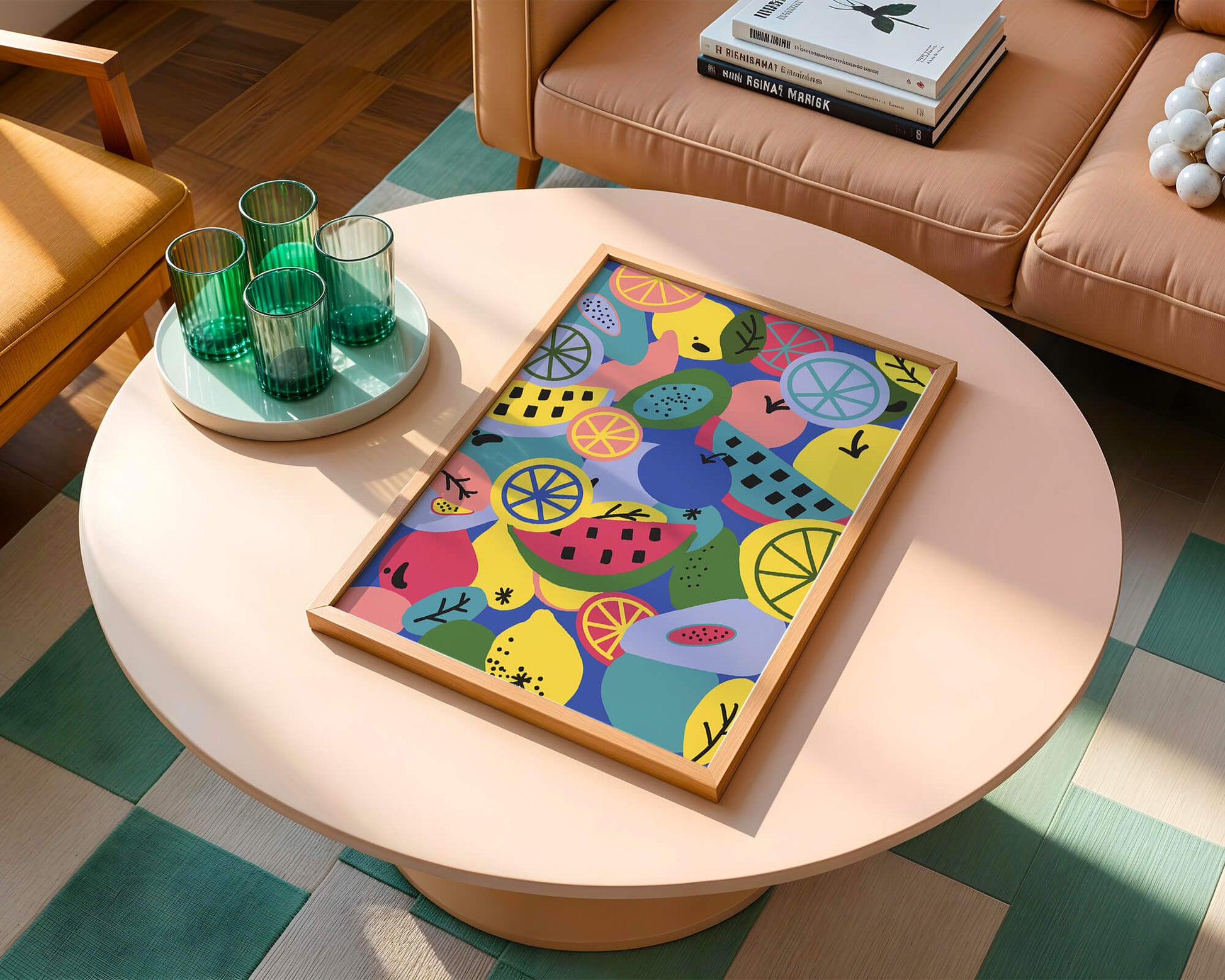 Patrón abstracto de frutas vibrantes con cítricos y melones sobre fondo azul