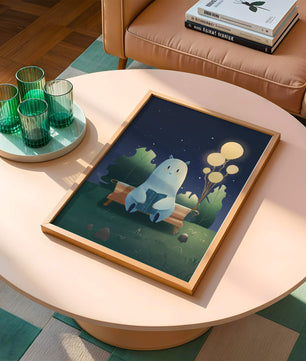 Ilustración nocturna acogedora con una criatura leyendo bajo un cielo estrellado