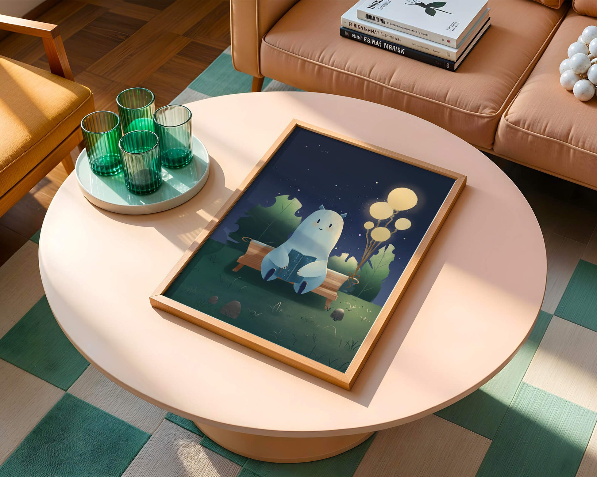 Cozy nighttime illustration with a creature reading under starry sky