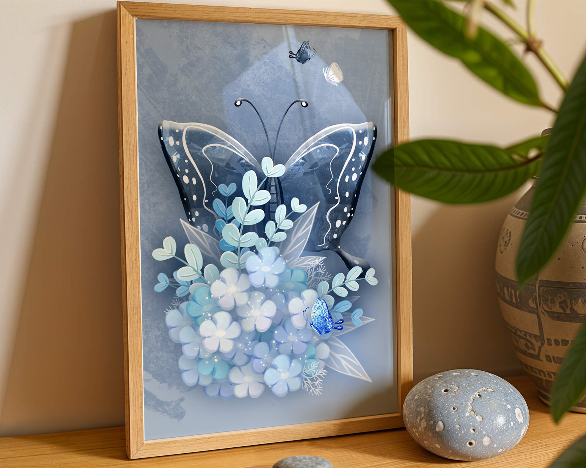 Floral and butterfly digital artwork in calming blue shades