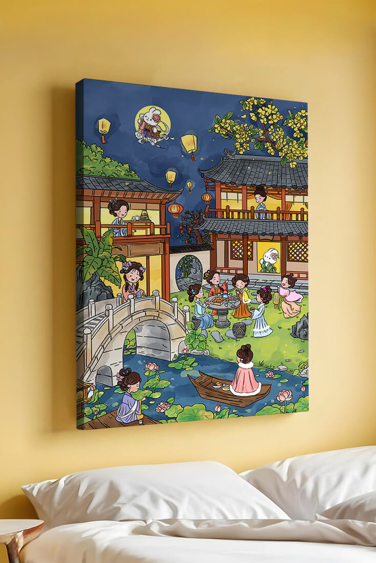 Escena de jardín chino tradicional con linternas y conejo lunar