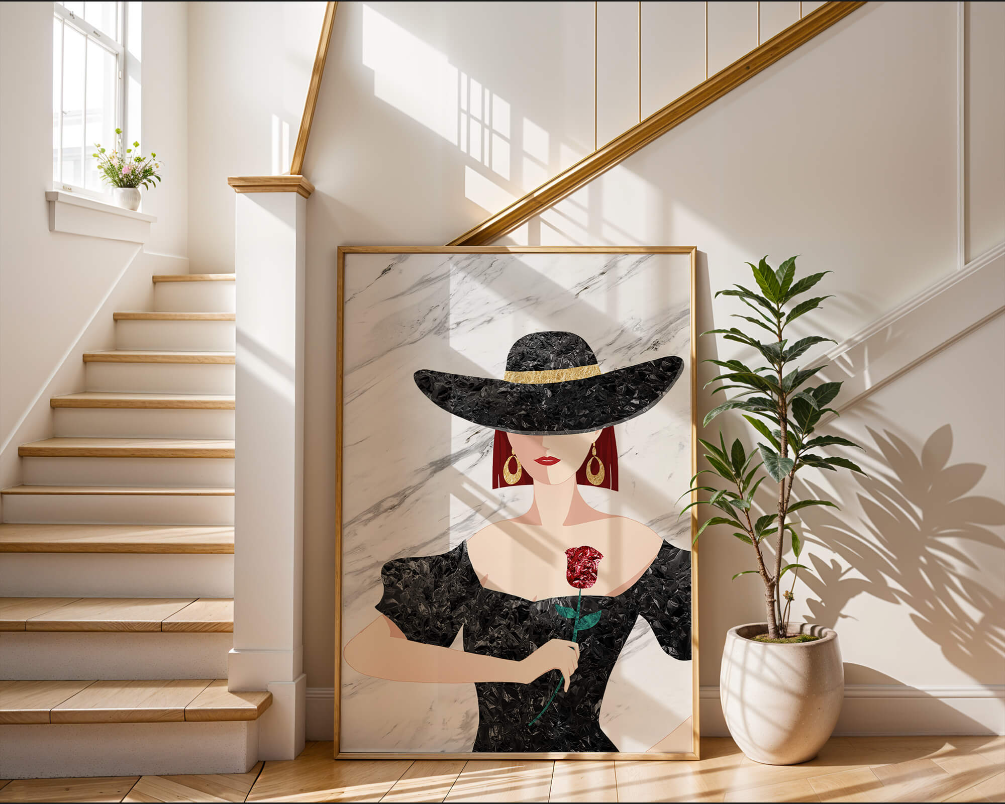 Elegant woman in wide-brimmed hat holding a rose on marble background