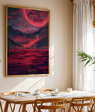 Surreal Scarlet Landscape with Bridge and Celestial Body