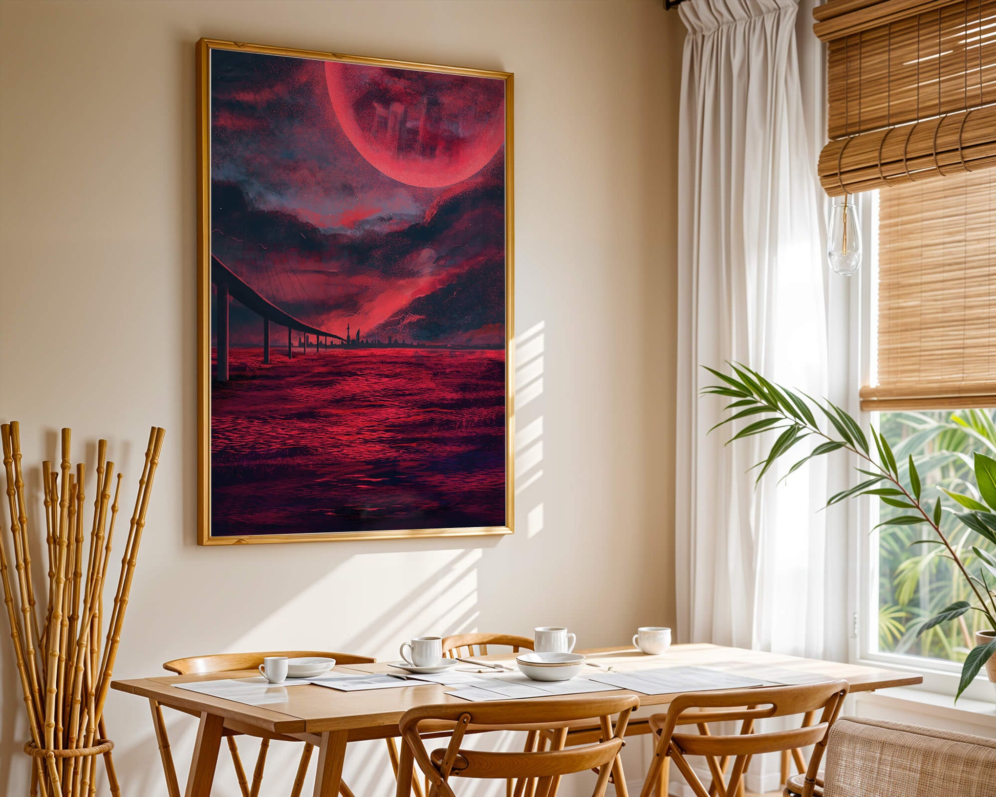 Surreal Scarlet Landscape with Bridge and Celestial Body