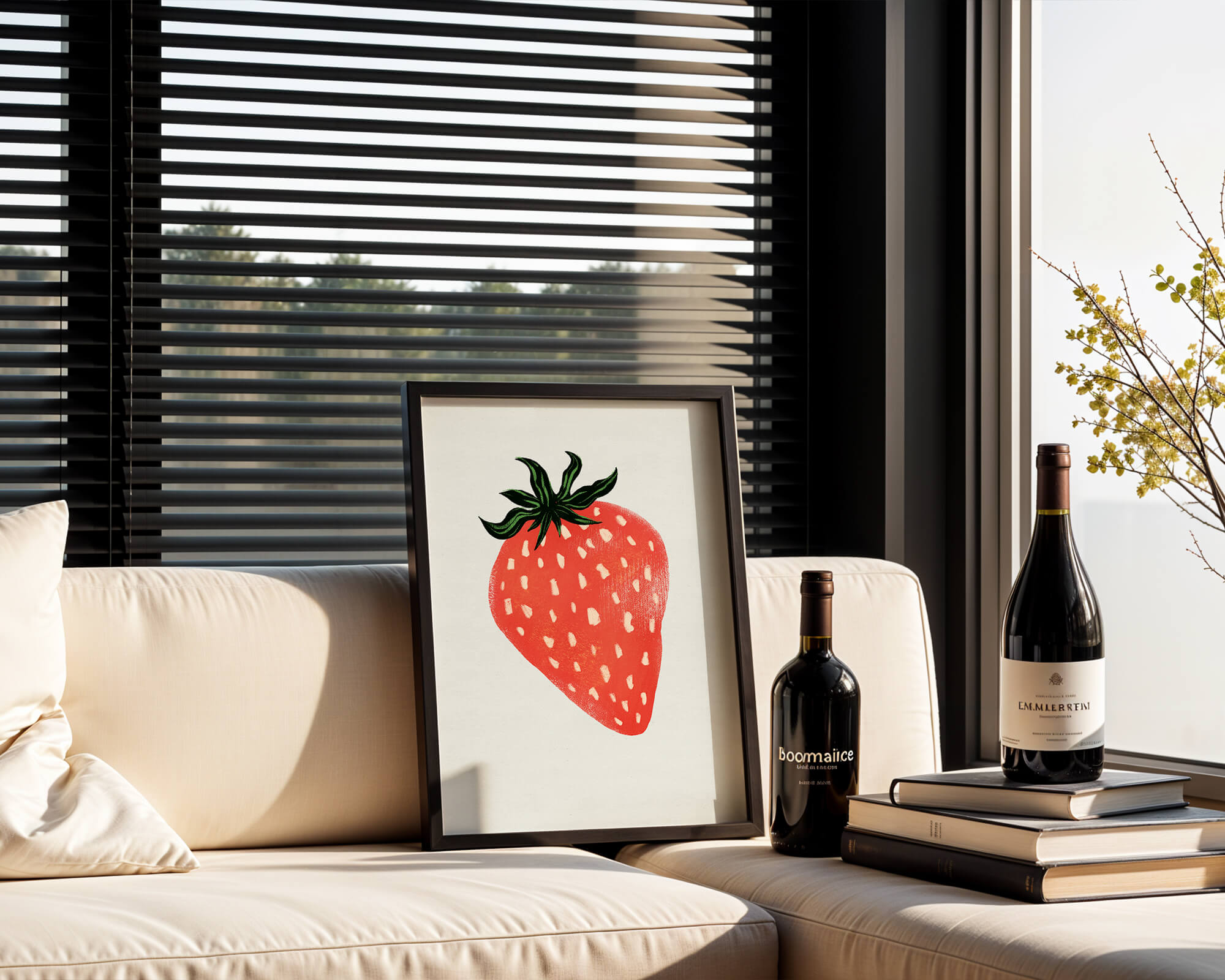 Illustrative design of a vibrant red strawberry with green leaves