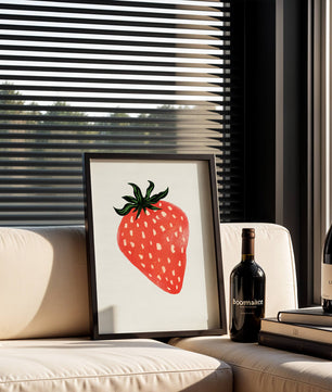 Illustrative design of a vibrant red strawberry with green leaves
