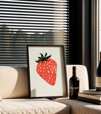 Illustrative design of a vibrant red strawberry with green leaves
