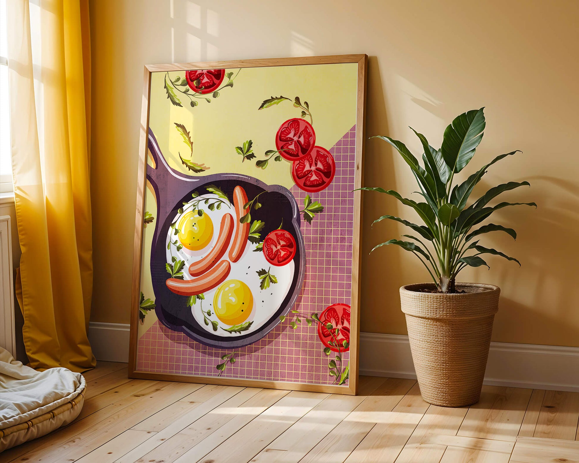 Fried Eggs and Sausages in Pan with Tomatoes and Herbs on Colorful Background