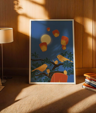 Lanterns and Birds Under the Night Sky