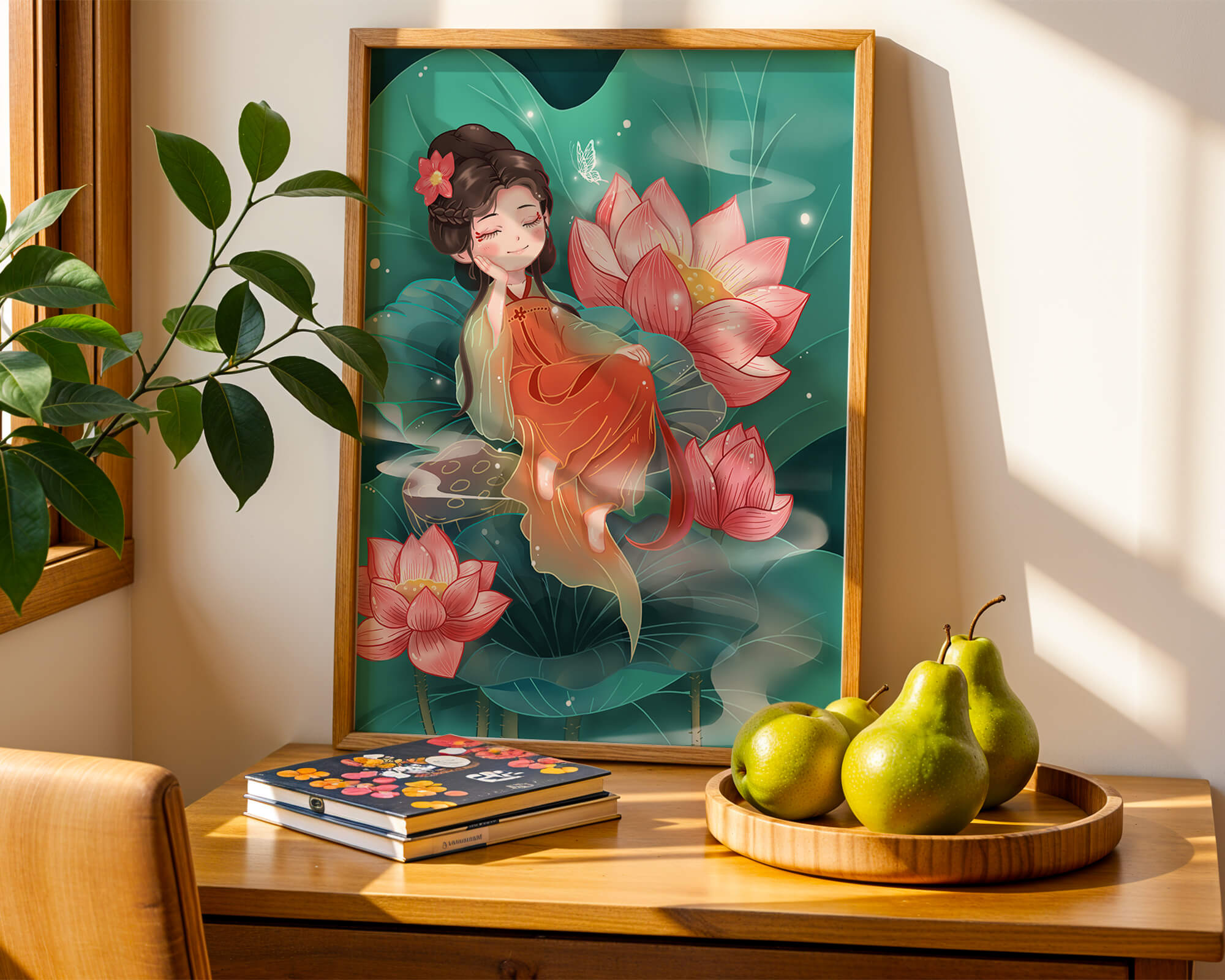 Charming illustration of a girl resting amidst lotus flowers