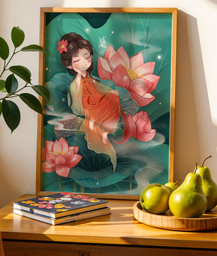 Charmante illustration d'une fille se reposant parmi des fleurs de lotus