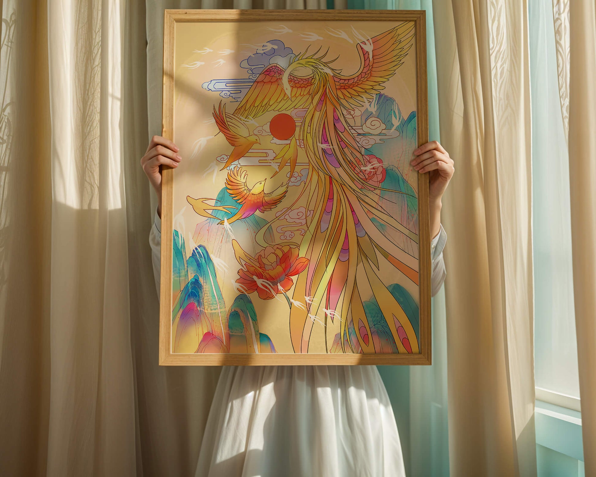 Colorful phoenix soaring in a dreamlike sky with vibrant flowers and mountains