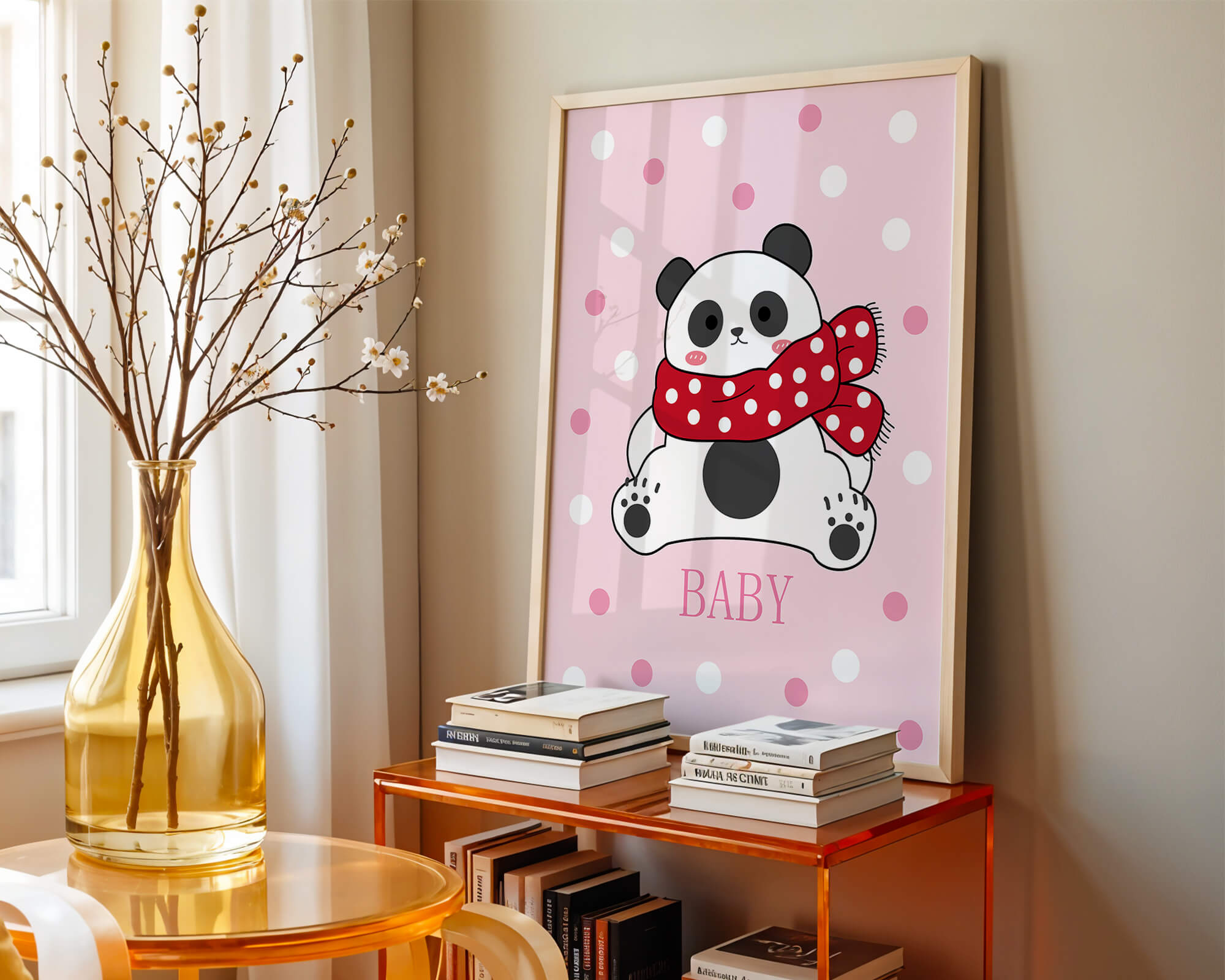 Cartoon panda with red scarf on pink polka dot background