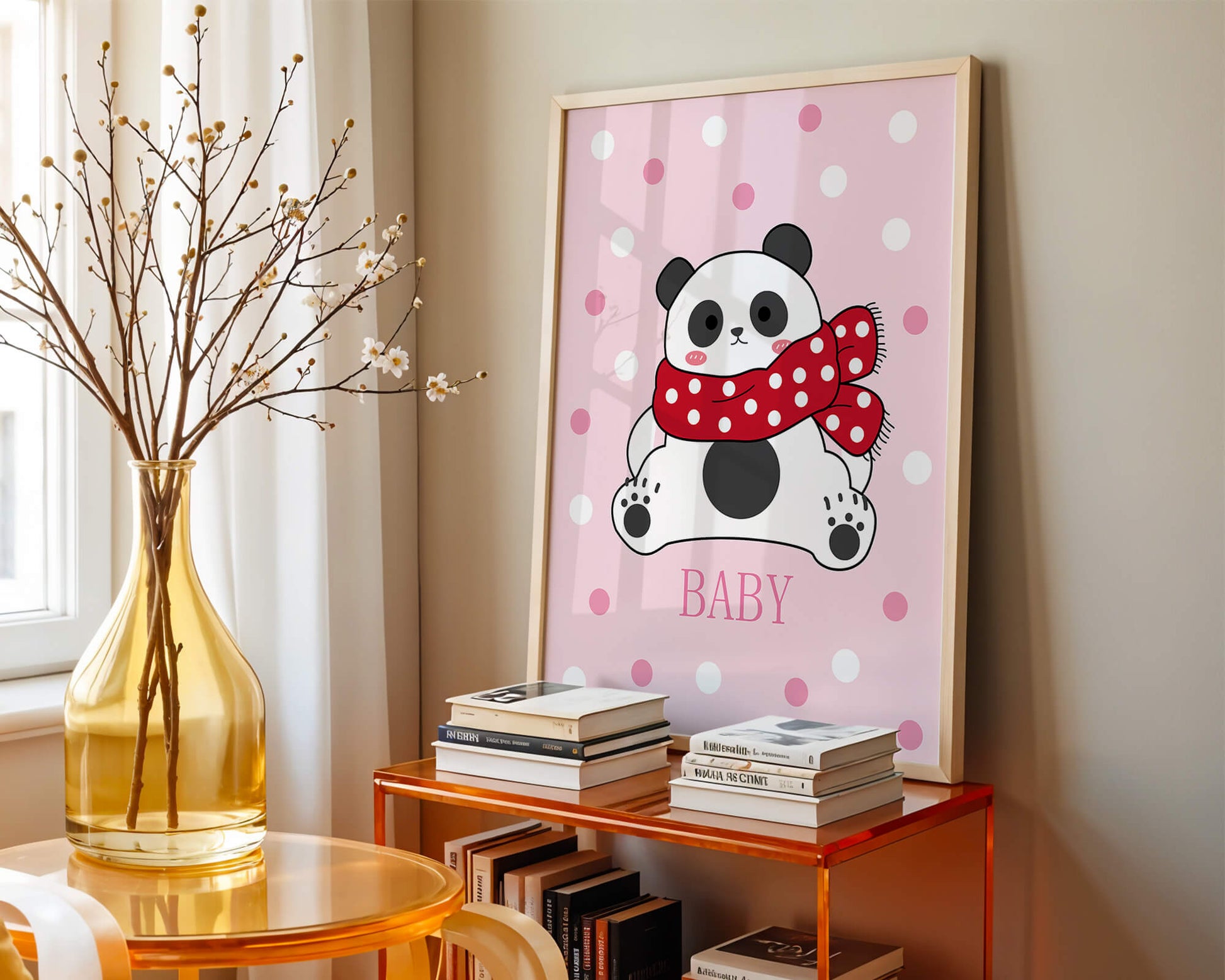 Cartoon panda with red scarf on pink polka dot background