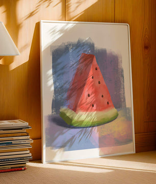 Ilustración en acuarela de una rodaja de sandía con fondo abstracto