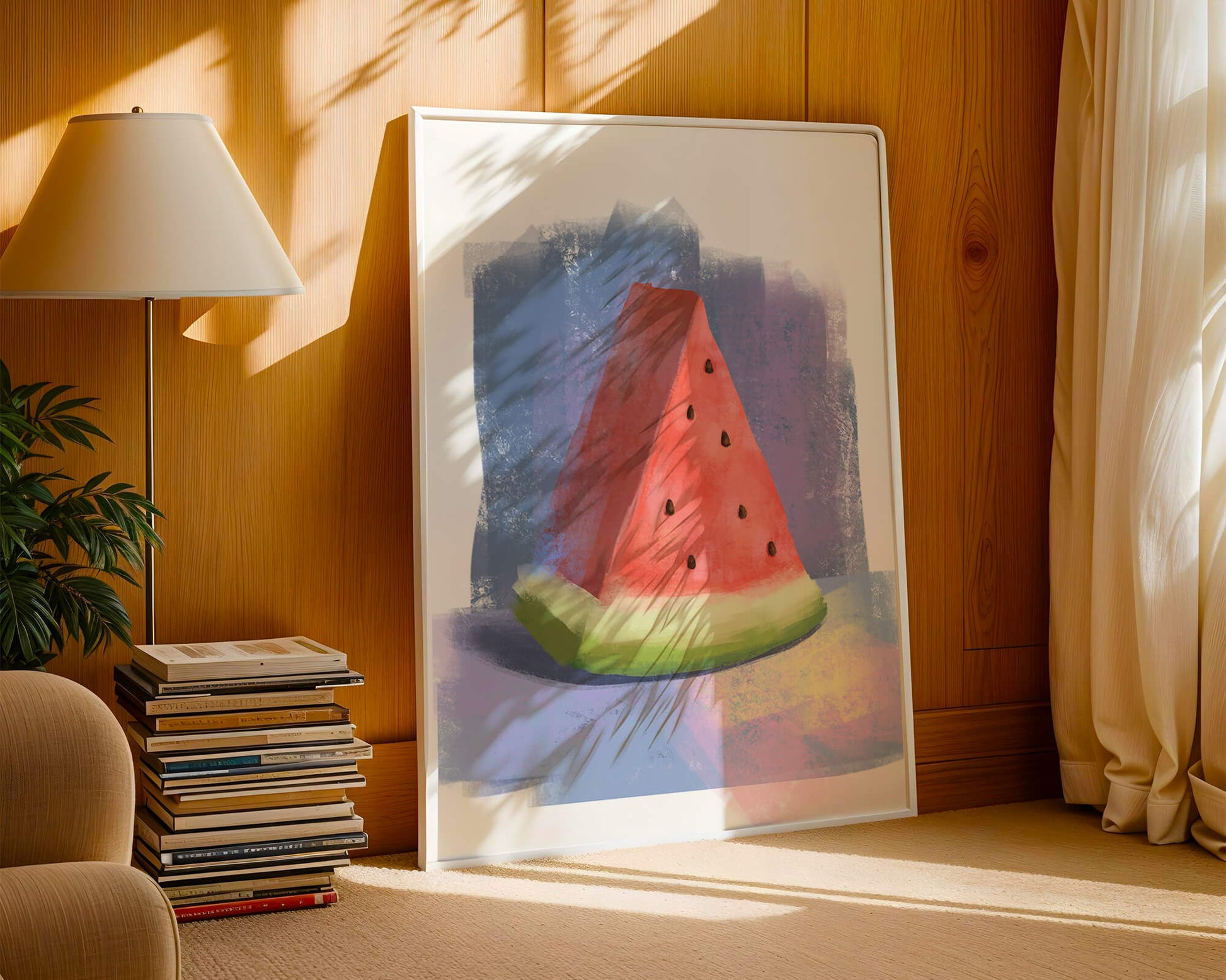Watercolor illustration of a watermelon slice with abstract background