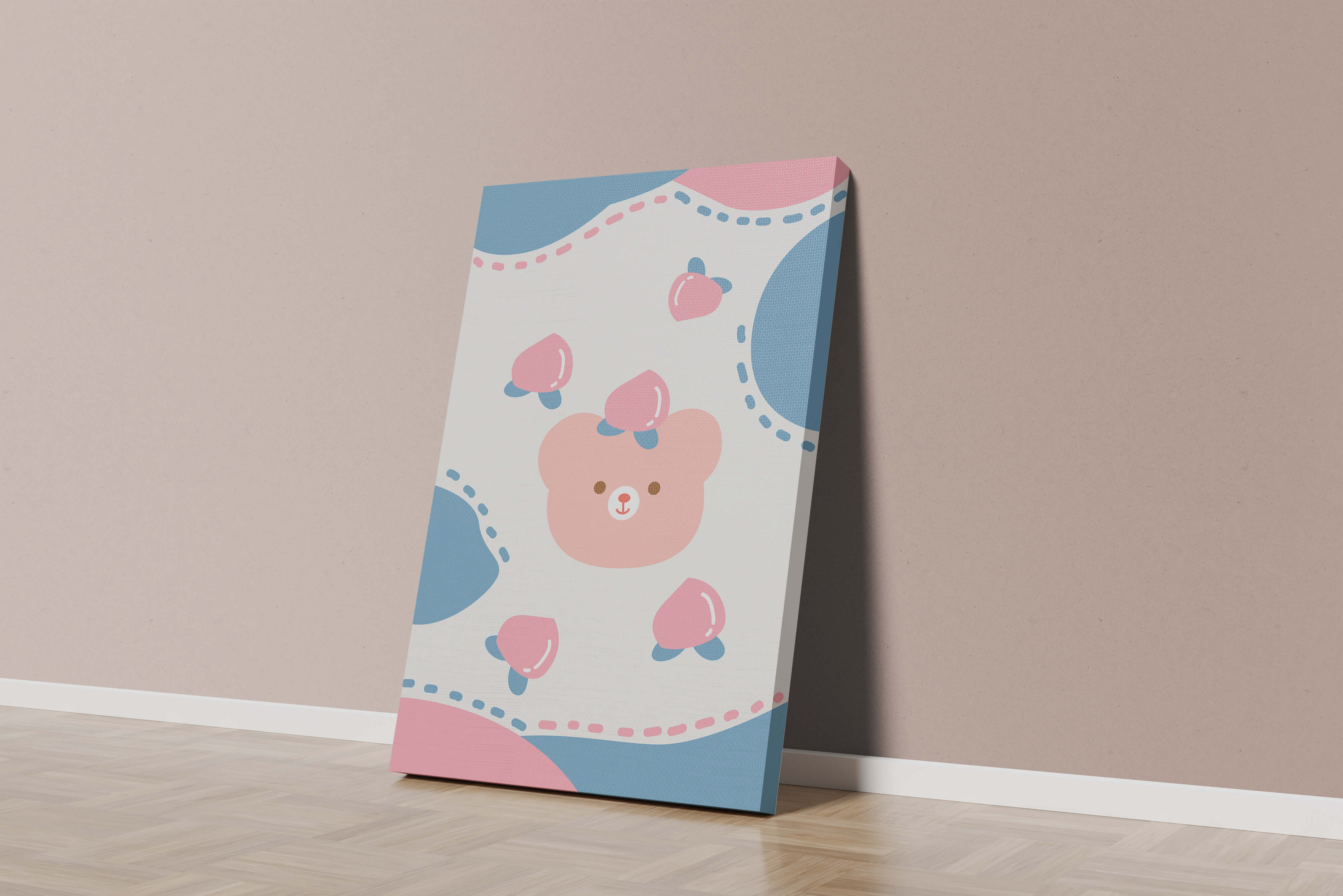 Adorable pastel bear with peaches and dotted background