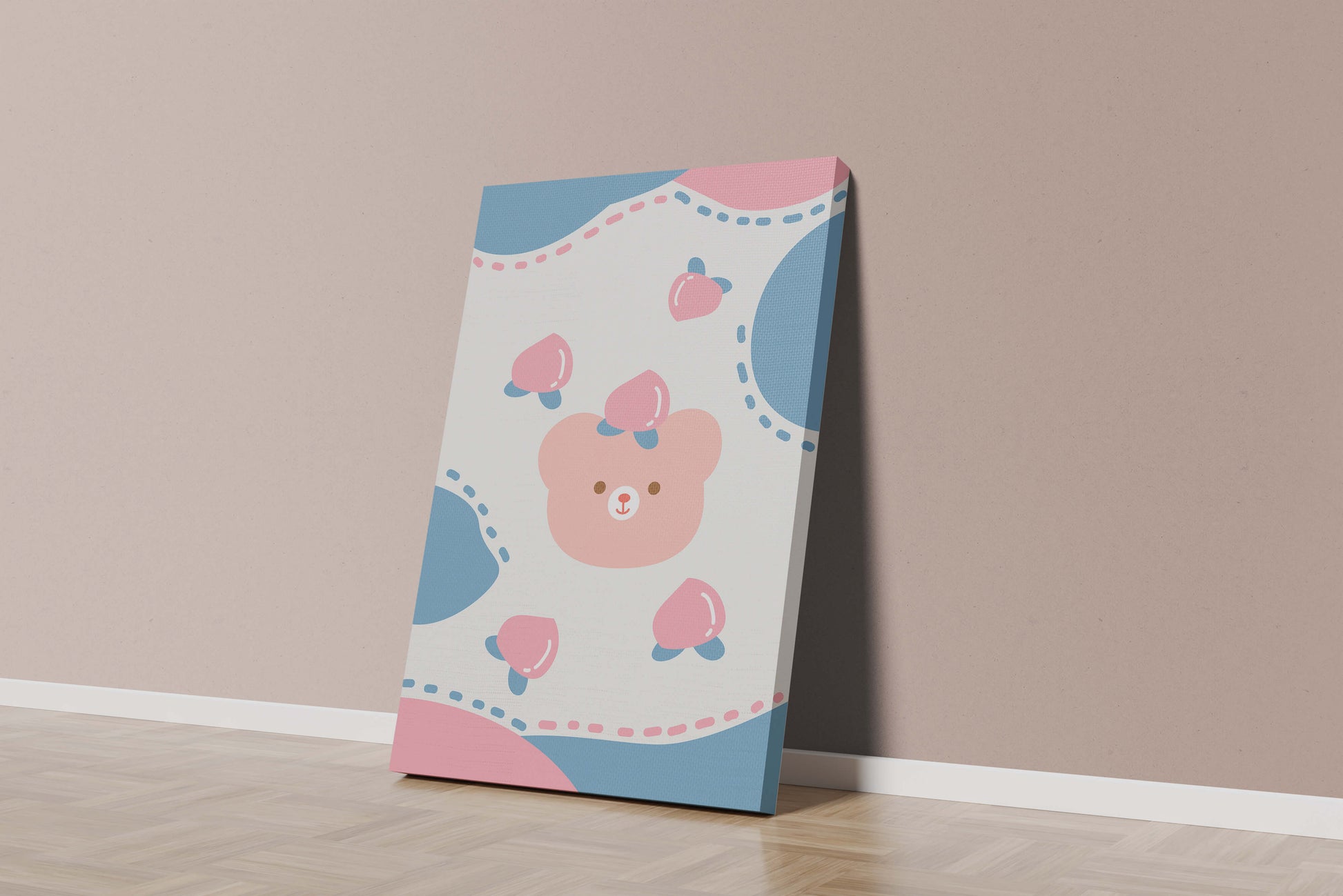 Adorable pastel bear with peaches and dotted background
