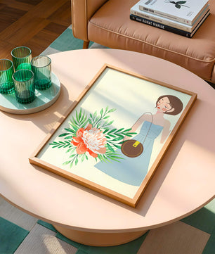 Ilustración de una mujer en vestido azul con diseño floral