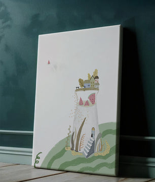 Whimsical Landscape with Fantasy Village and Watermelon Elements