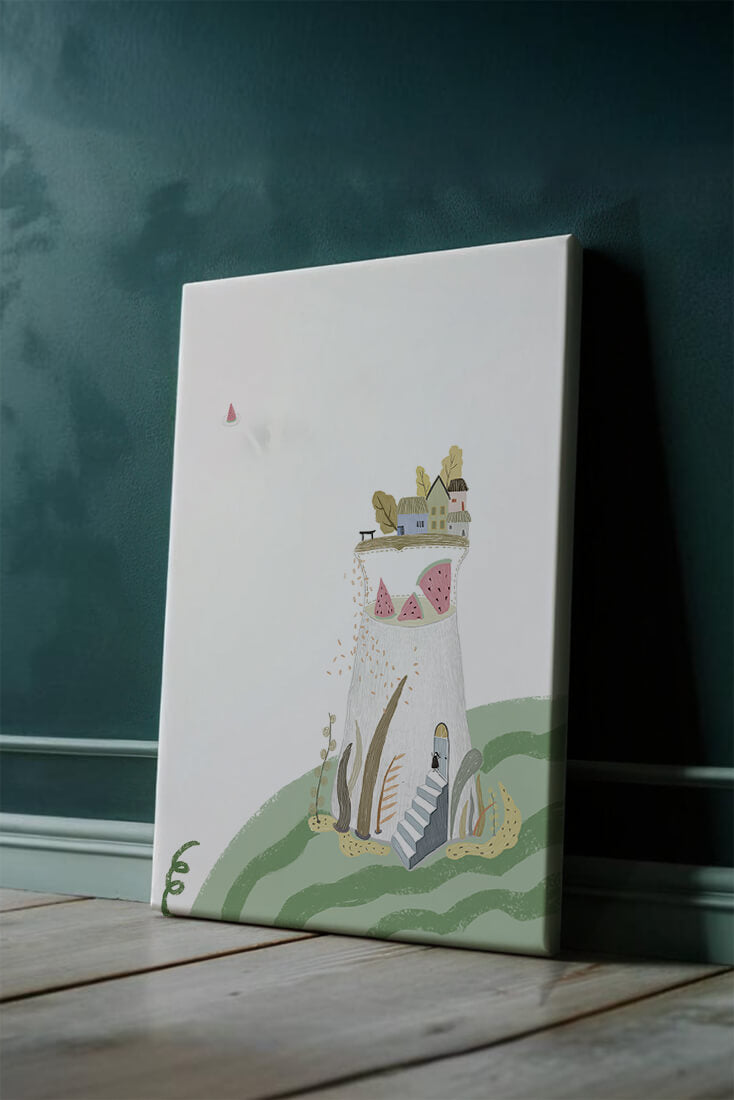 Whimsical Landscape with Fantasy Village and Watermelon Elements