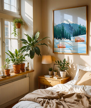 Winter Mountain Landscape with Snowy Cabins and Forest - Mi tienda