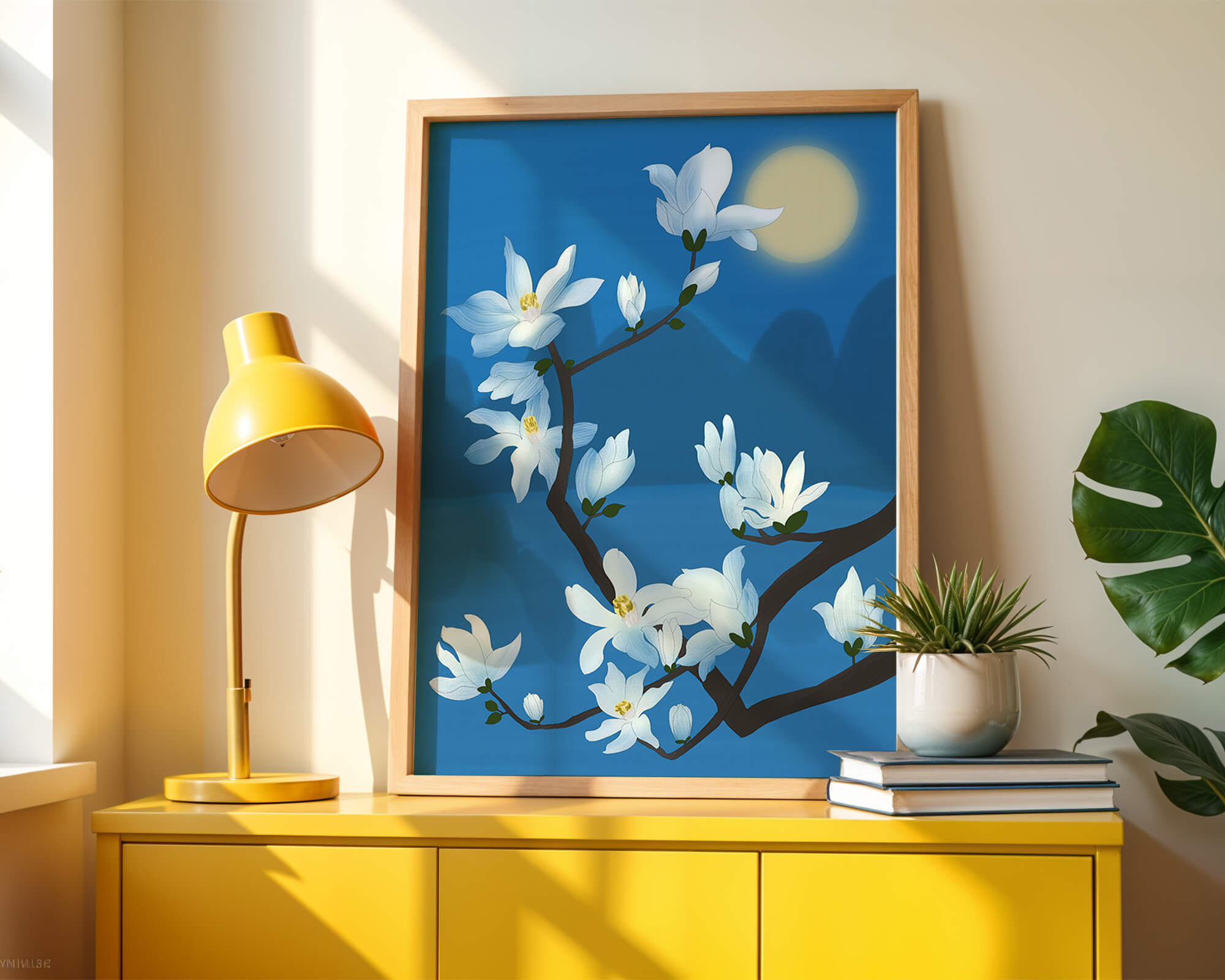 White magnolia branch under moonlight with blue background
